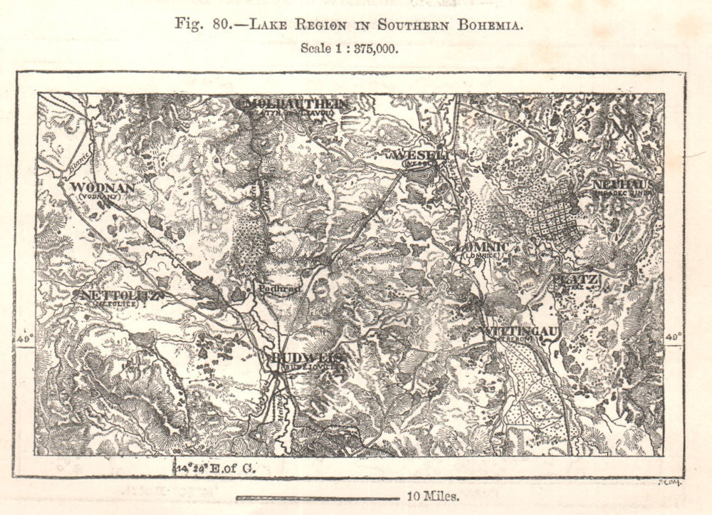 Lake Region in Southern Bohemia. Budweis Czech Rep. Sketch map 1885 old